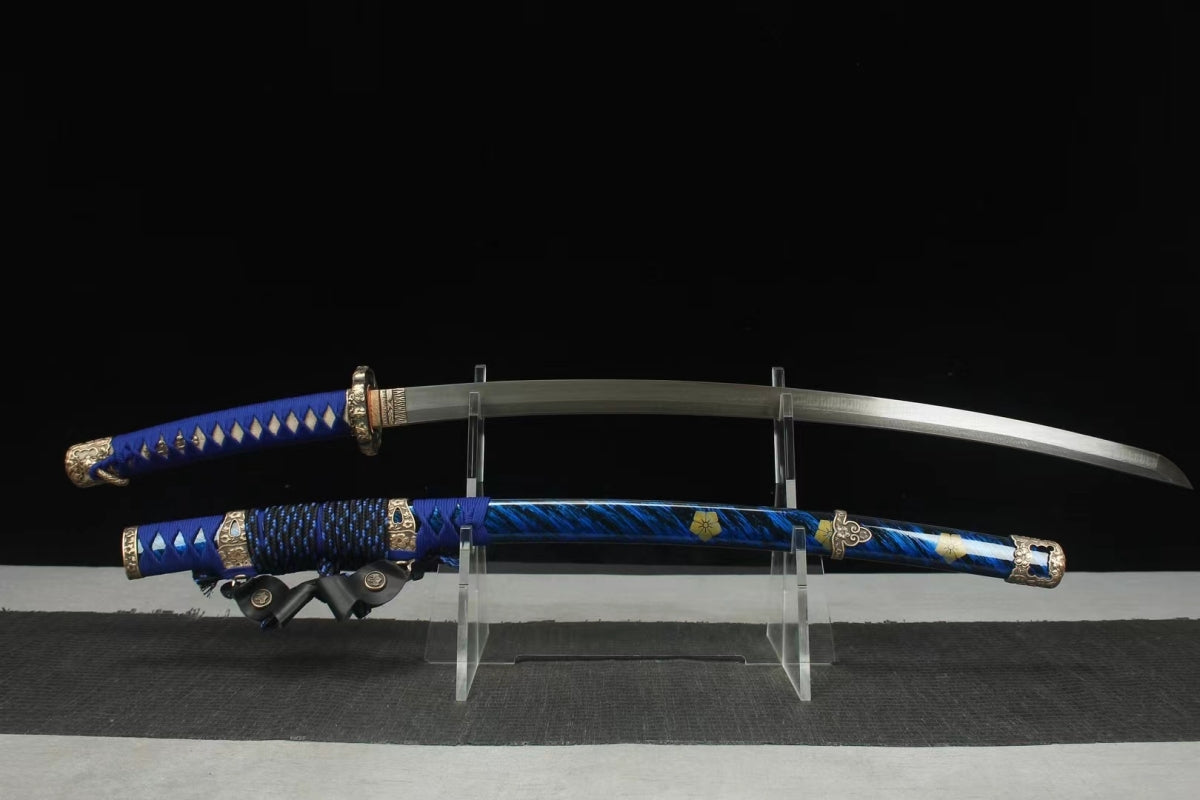 High-performance Damascus Japanese Tachi Meiji Mitsuki Taiko blue scabbard