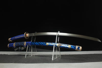 High-performance Damascus Japanese Tachi Meiji Mitsuki Taiko blue scabbard